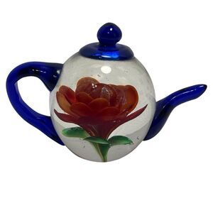 Dynasty Gallery Heirloom Art Glass Clear Blue Teapot Red Flower Paperweight